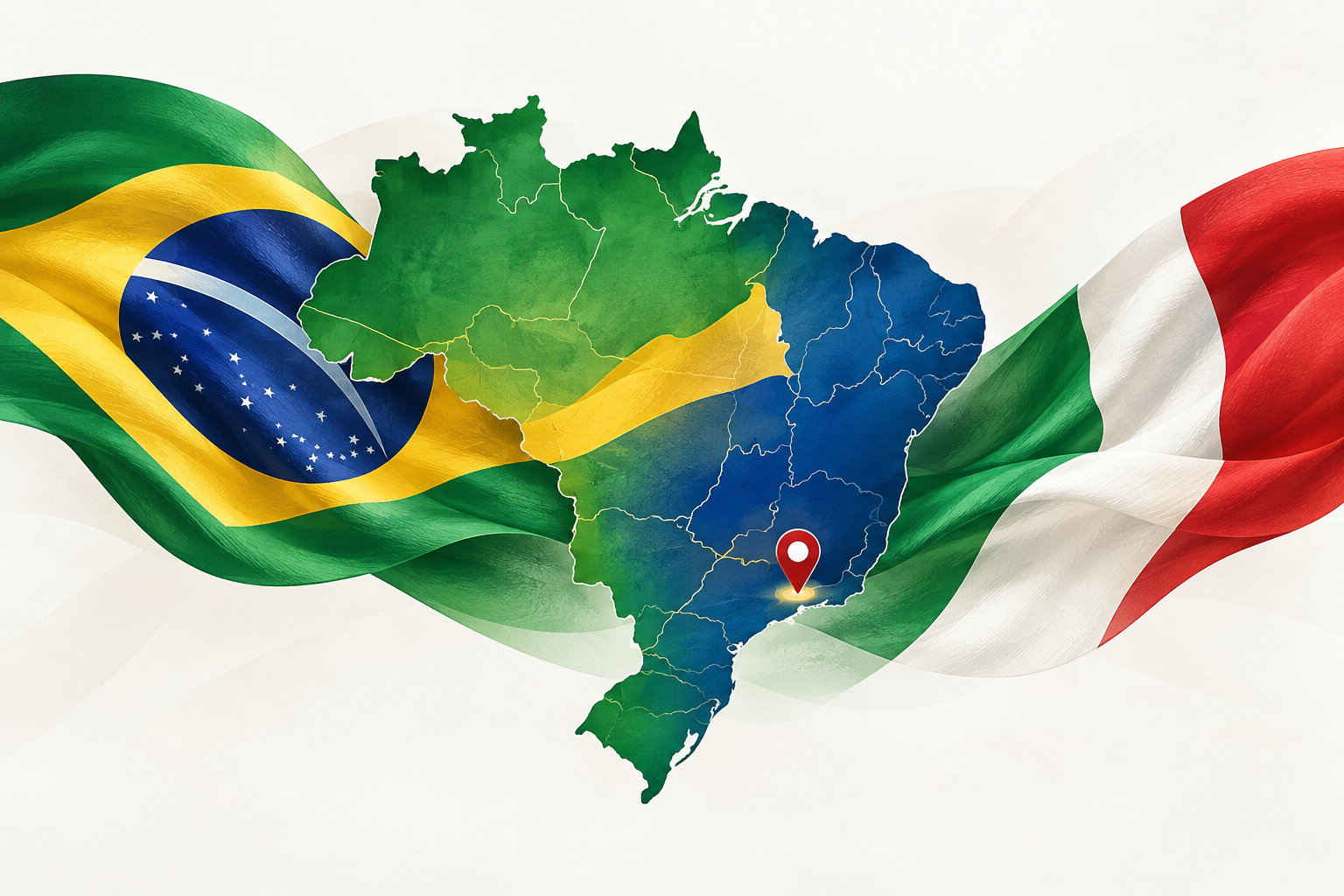 Mapa do Brasil com localização do escritório em São Paulo e integração Brasil-Itália